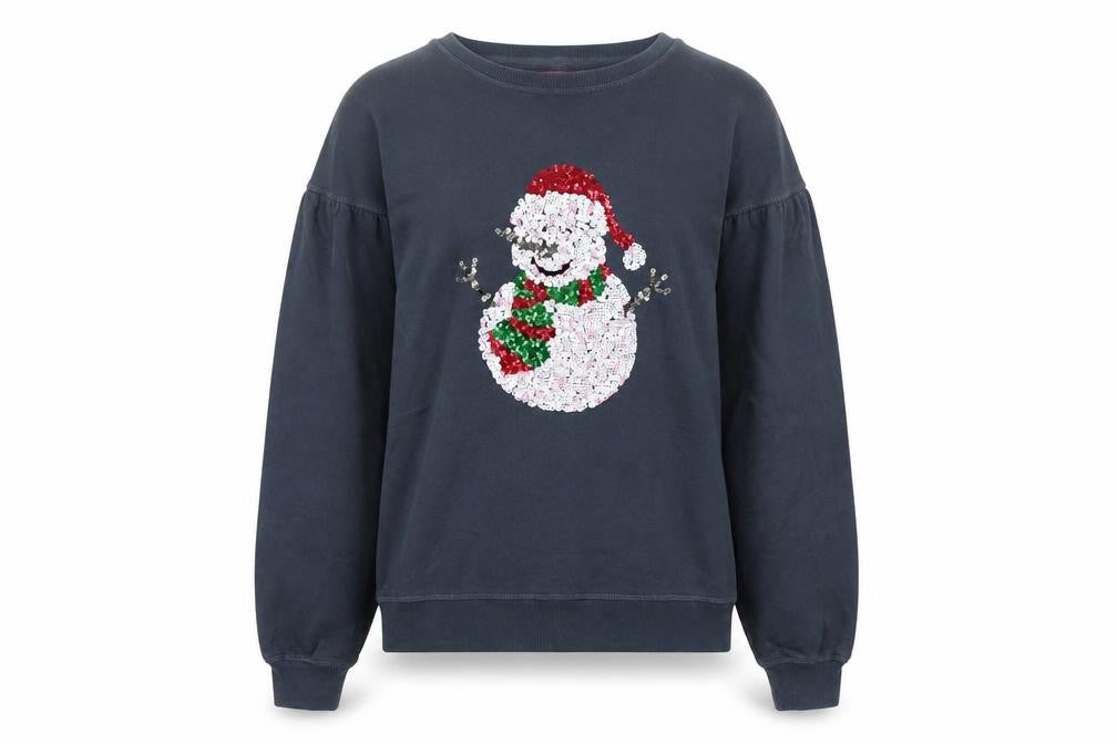 Front view of Next Women’s Navy Christmas Sequin Snowman Sweatshirt, size UK 6