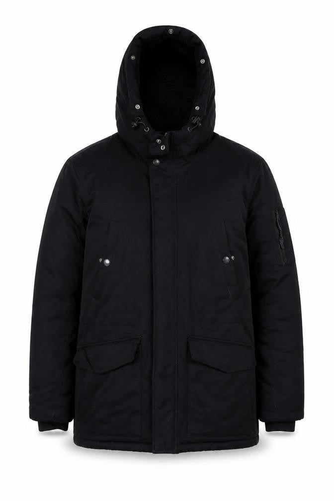 Front view of 2nd Chapter Men's Black M Hooded Parka Jacket Lined Winter Coat