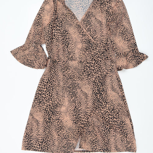 Pink Vanilla Women Beige Animal Print Wrap Short Dress Size 10