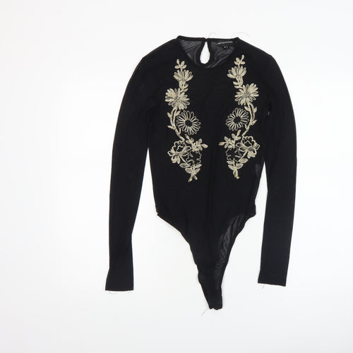 PrettyLittleThing Womens Black Size 8 Embroidered Long Sleeve Bodysuit
