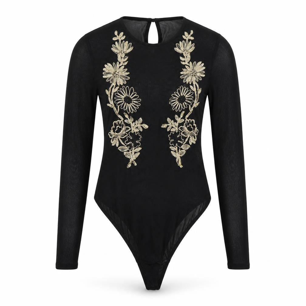 Front view of PRETTYLITTLETHING women’s black, size UK 8, embroidered long sleeve bodysuit