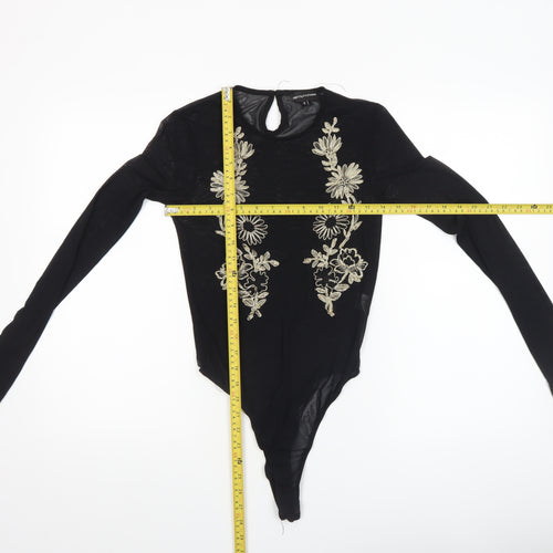 PrettyLittleThing Womens Black Size 8 Embroidered Long Sleeve Bodysuit