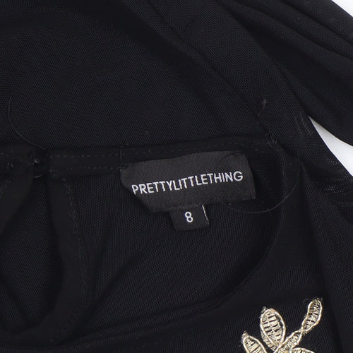 PrettyLittleThing Womens Black Size 8 Embroidered Long Sleeve Bodysuit