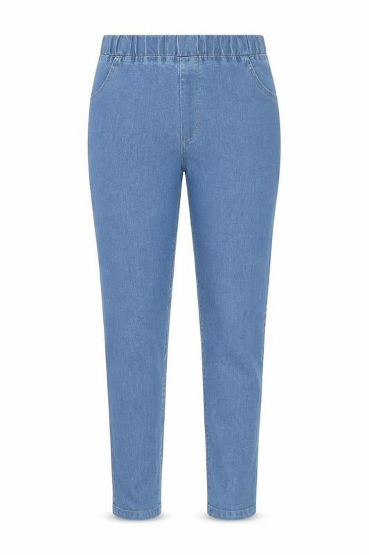 Front view of Avon Women's Blue Denim Jegging Jeans, size 10-12, Elastic Waist