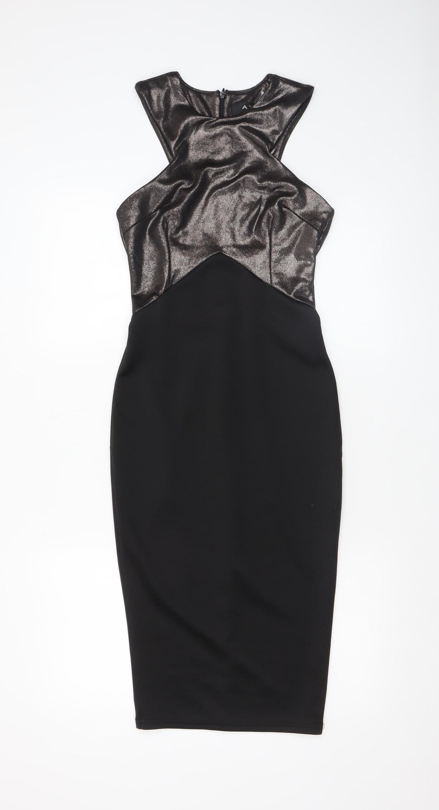 AX Paris Women’s Black Metallic Bodycon Dress Size 8 Sleeveless Knee Length