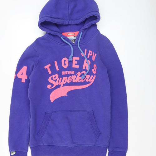 Superdry Women Purple Hoodie Small Graphic Print Pullover Cotton Blend