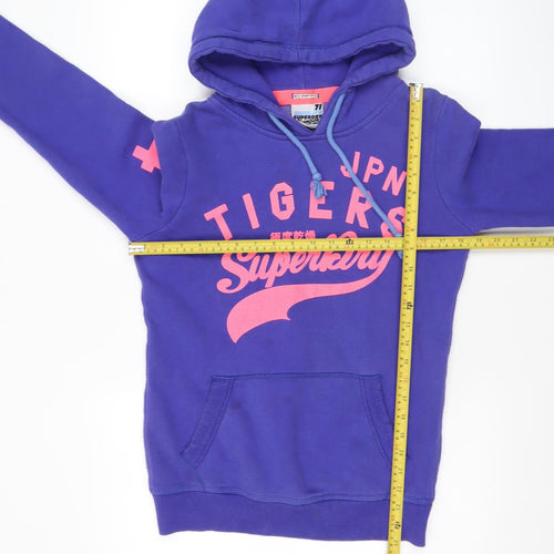 Superdry Women Purple Hoodie Small Graphic Print Pullover Cotton Blend