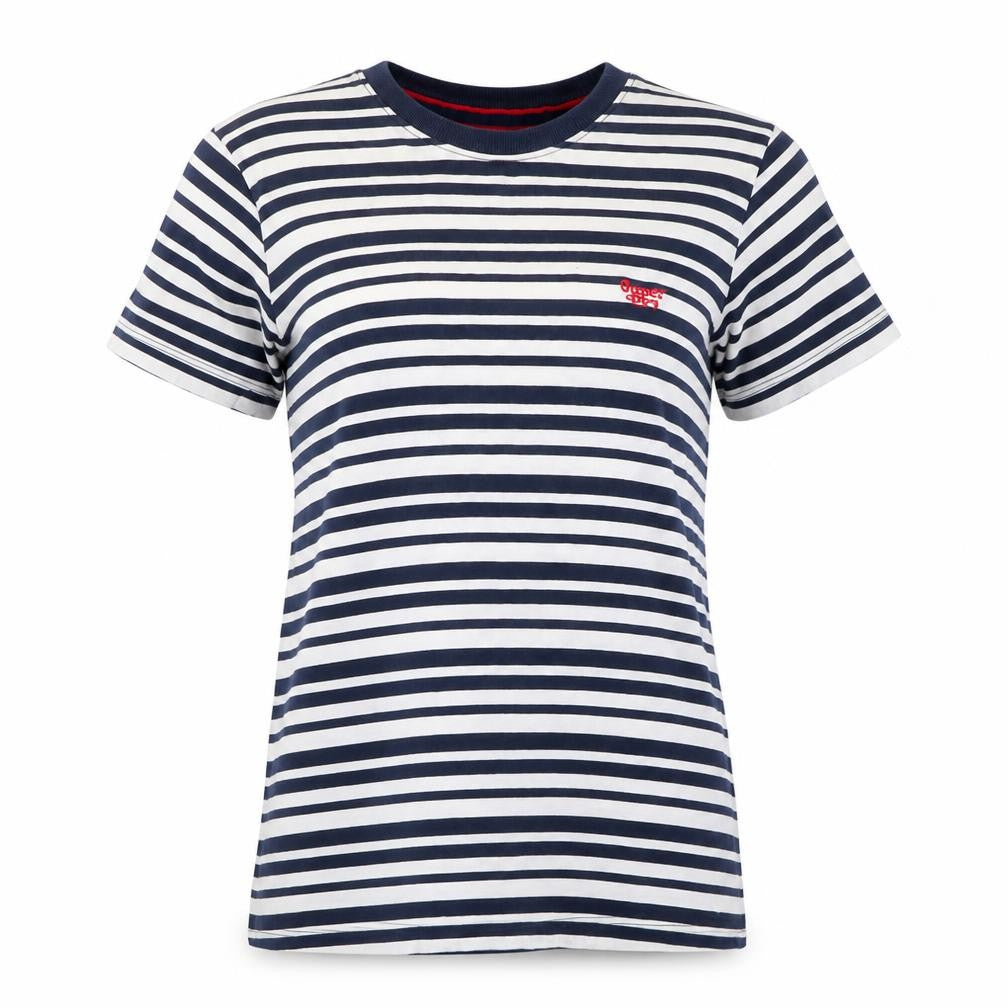 Front view of Superdry women’s blue striped cotton t-shirt, size UK 6