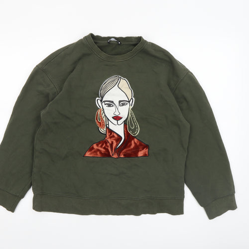 Zara Women Green Graphic Art Sweatshirt Size S Crew Neck Pullover