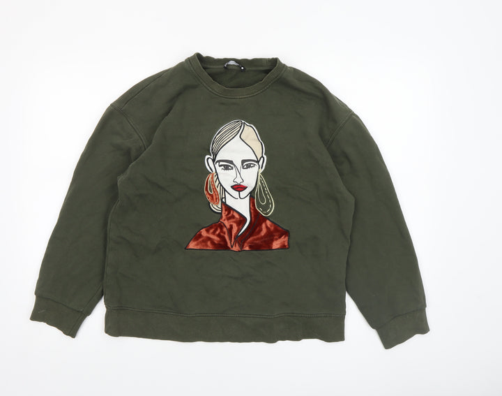 Zara Women Green Graphic Art Sweatshirt Size S Crew Neck Pullover