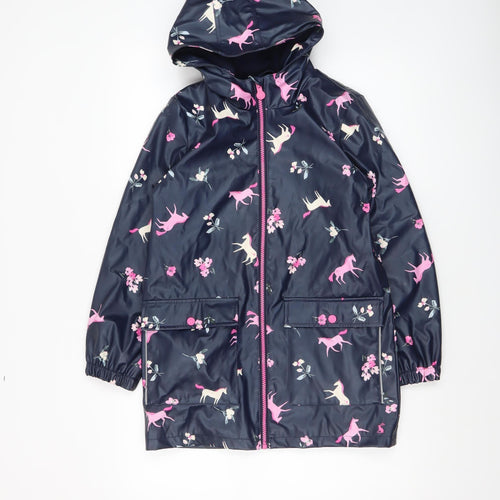 Joules Girls Blue Horse Print Hooded Rain Coat 11 Years Waterproof Lined