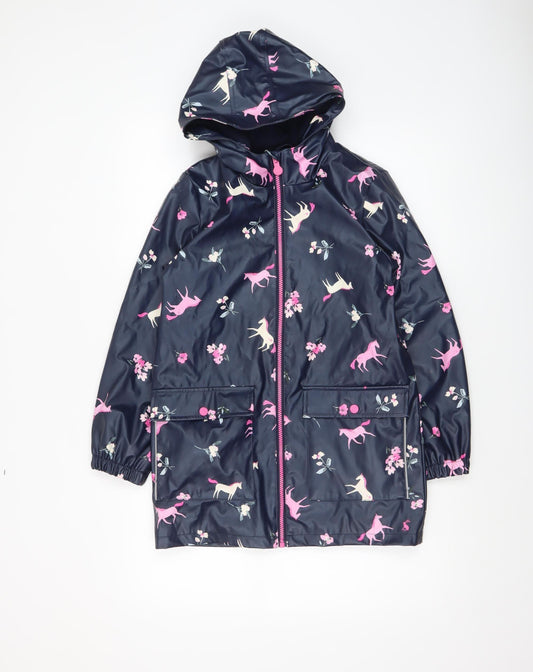 Joules Girls Blue Horse Print Hooded Rain Coat 11 Years Waterproof Lined