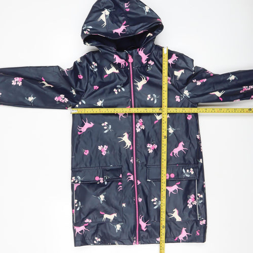 Joules Girls Blue Horse Print Hooded Rain Coat 11 Years Waterproof Lined