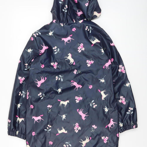 Joules Girls Blue Horse Print Hooded Rain Coat 11 Years Waterproof Lined