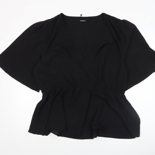 Boohoo Women Black Wrap Chiffon Blouse UK 12 Short Sleeve Top