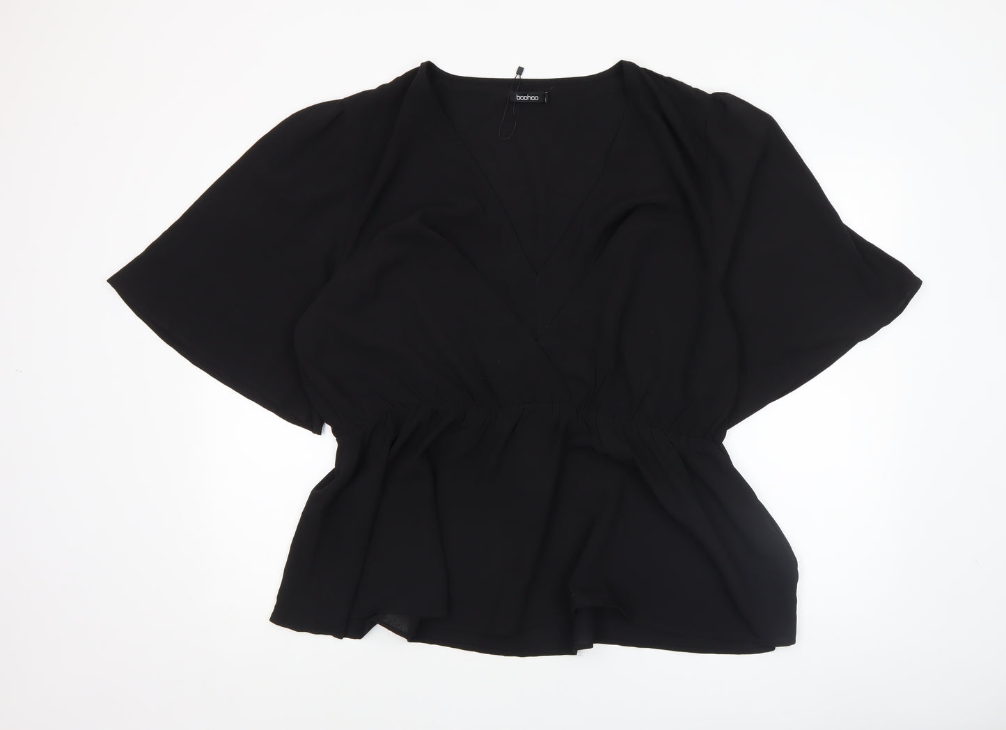 Boohoo Women Black Wrap Chiffon Blouse UK 12 Short Sleeve Top