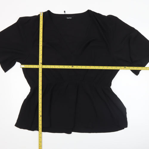 Boohoo Women Black Wrap Chiffon Blouse UK 12 Short Sleeve Top