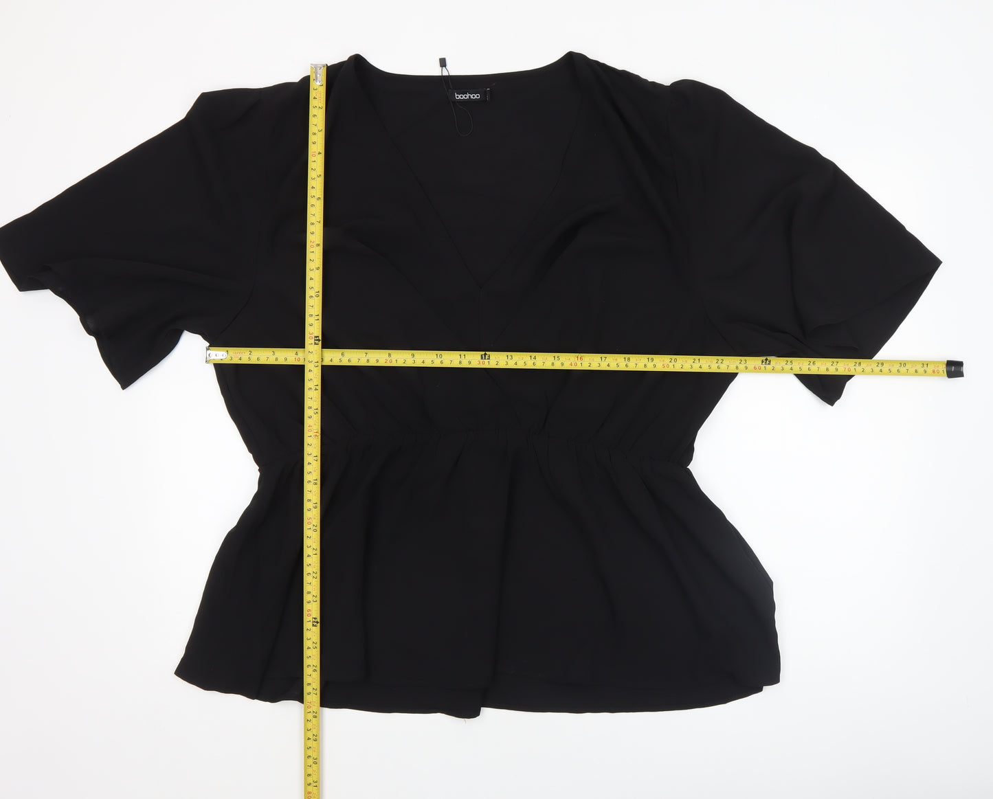 Boohoo Women Black Wrap Chiffon Blouse UK 12 Short Sleeve Top