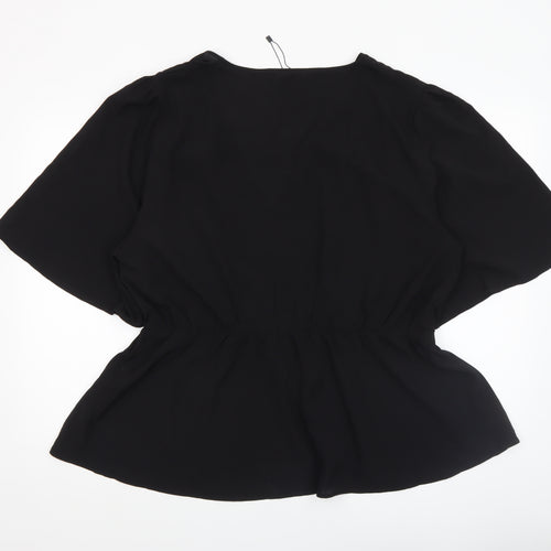 Boohoo Women Black Wrap Chiffon Blouse UK 12 Short Sleeve Top