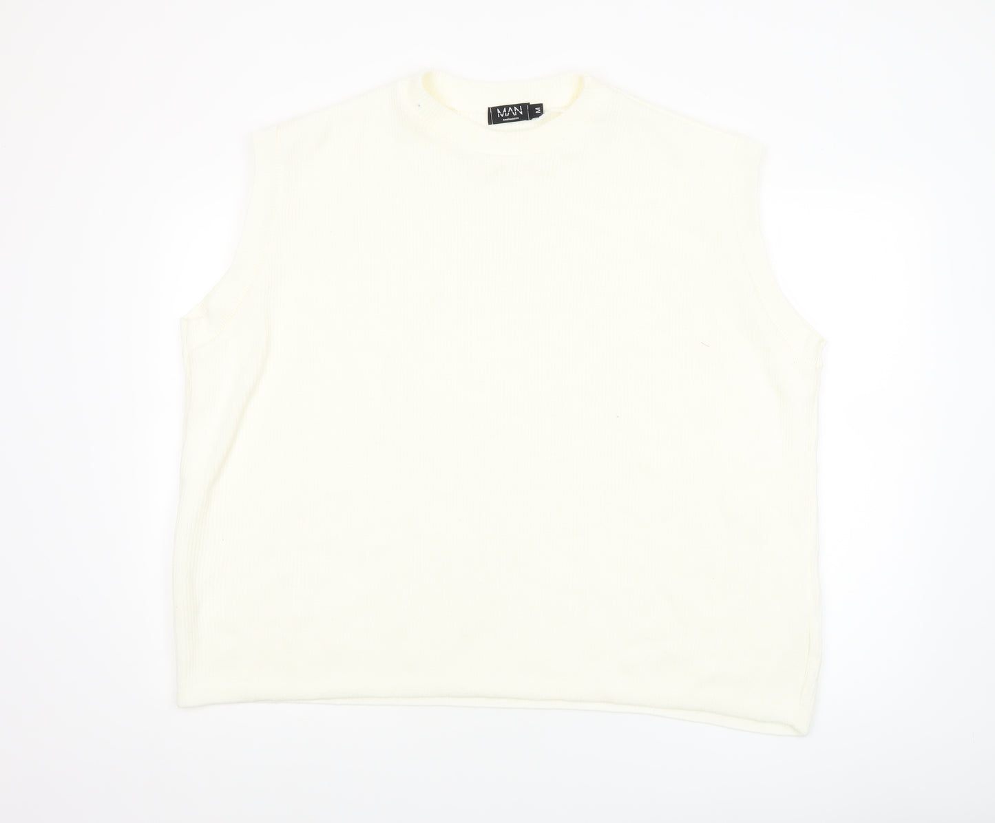 boohooMAN Men's White Sleeveless Knit Vest M Regular Fit