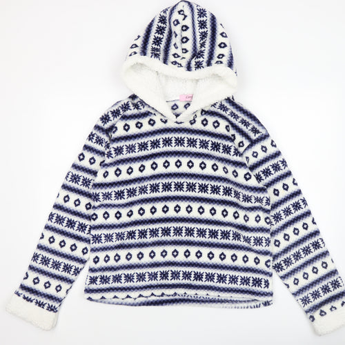 Camille Teens Blue White Fleece Hooded Pullover Sweatshirt Size 14/16
