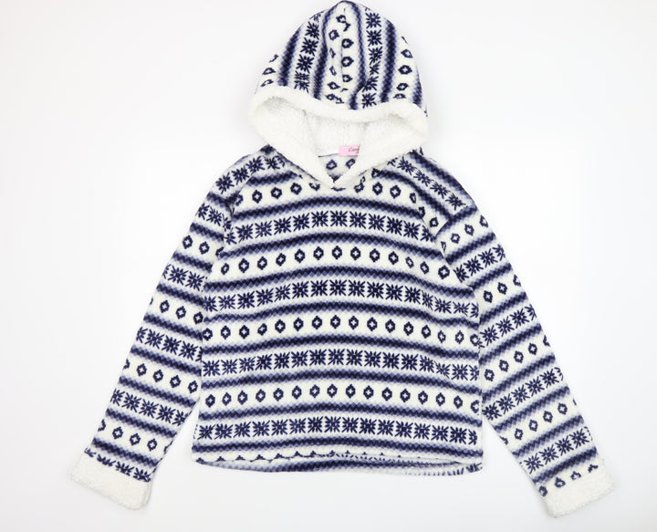 Camille Teens Blue White Fleece Hooded Pullover Sweatshirt Size 14/16