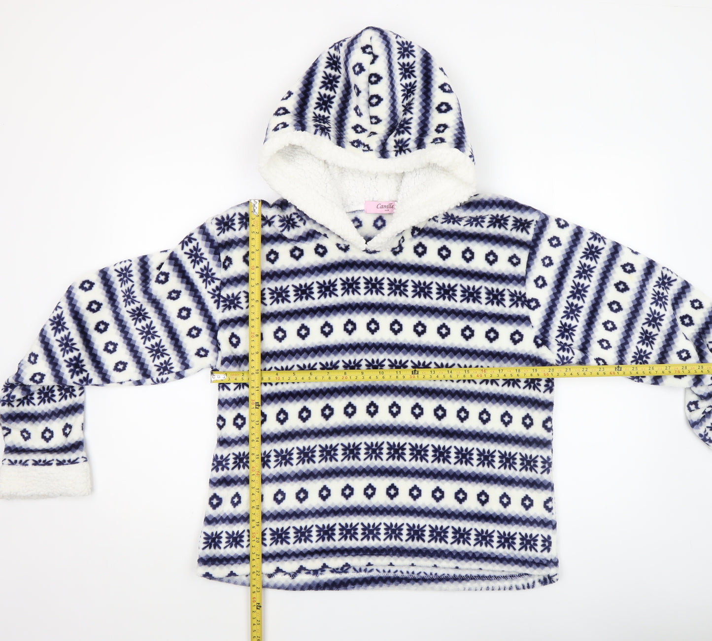 Camille Teens Blue White Fleece Hooded Pullover Sweatshirt Size 14/16