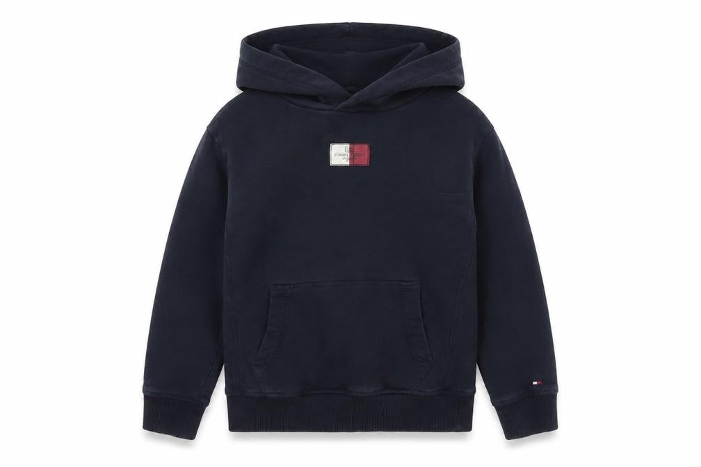 Front view of Tommy Hilfiger boys’ navy hoodie 122cm 100% cotton pullover logo design