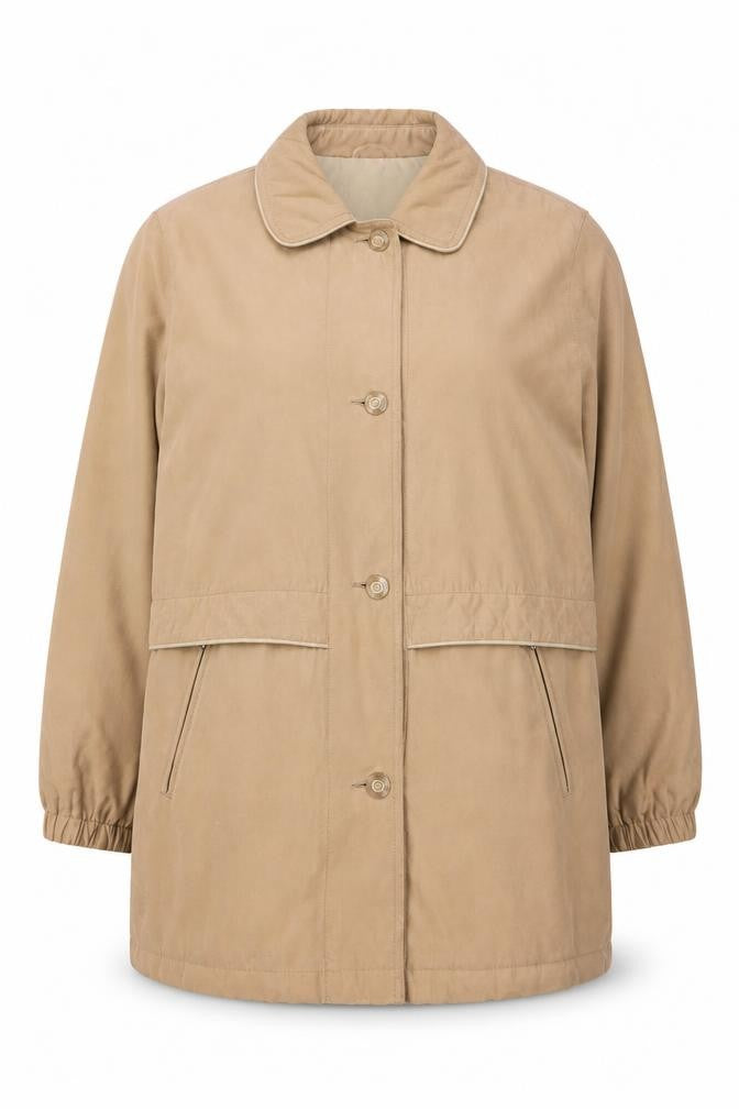 Front view of Klass Collection women’s beige button up lined mid-length coat, size UK 16