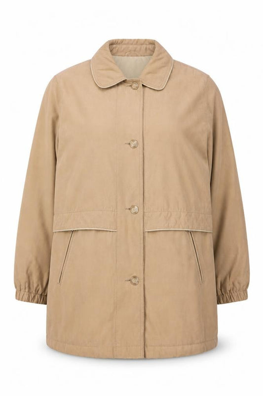 Front view of Klass Collection women’s beige button up lined mid-length coat, size UK 16