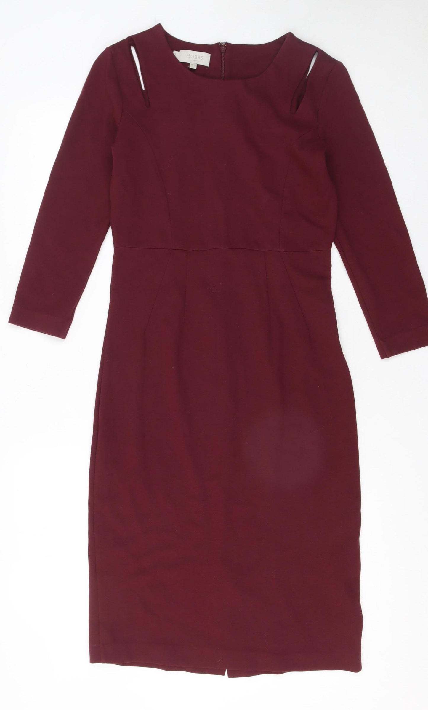 Hobbs Women's Burgundy Pencil Dress UK 8 Long Sleeve Knee Length