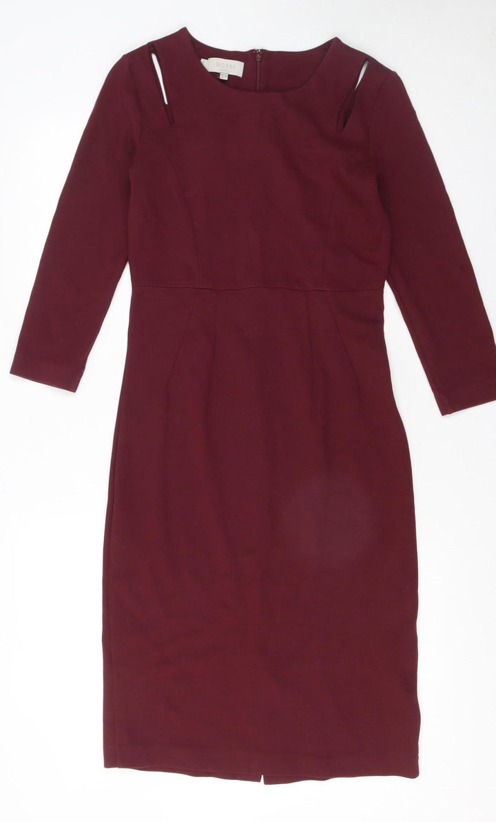 Hobbs Women's Burgundy Pencil Dress UK 8 Long Sleeve Knee Length