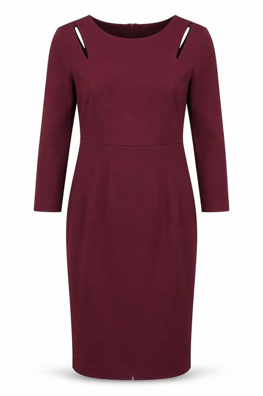 Front view of Hobbs Women's Burgundy Pencil Dress UK 8 Long Sleeve Knee Length