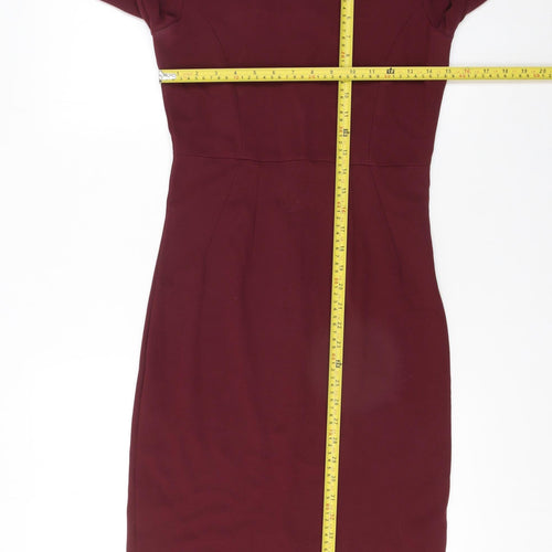 Hobbs Women's Burgundy Pencil Dress UK 8 Long Sleeve Knee Length