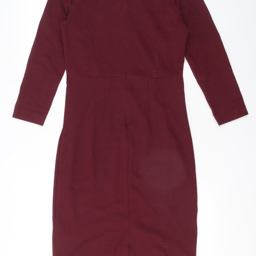 Hobbs Women's Burgundy Pencil Dress UK 8 Long Sleeve Knee Length