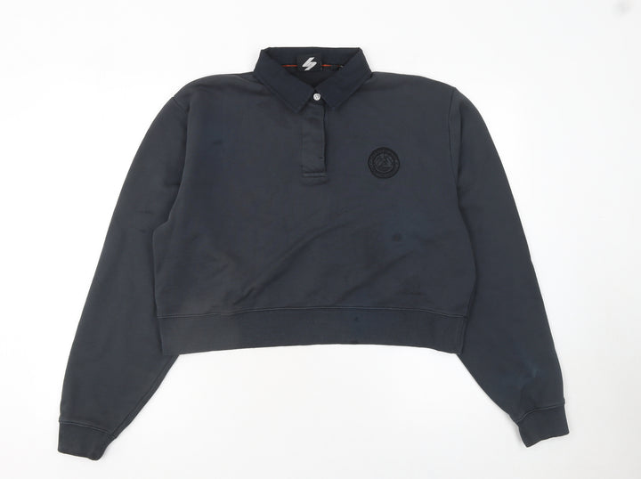 Superdry Womens Black Henley Sweatshirt UK 10 Long Sleeve Collared