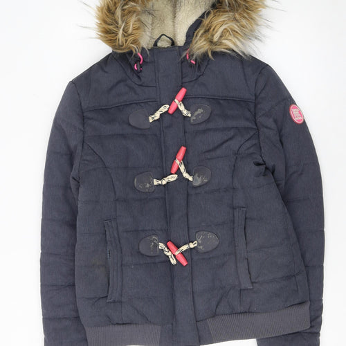 Superdry Sport Womens Navy Hooded Toggle Puffer Jacket L Faux Fur Trim