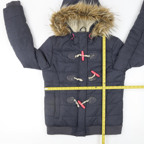 Superdry Sport Womens Navy Hooded Toggle Puffer Jacket L Faux Fur Trim