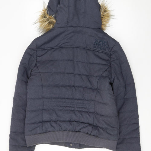 Superdry Sport Womens Navy Hooded Toggle Puffer Jacket L Faux Fur Trim