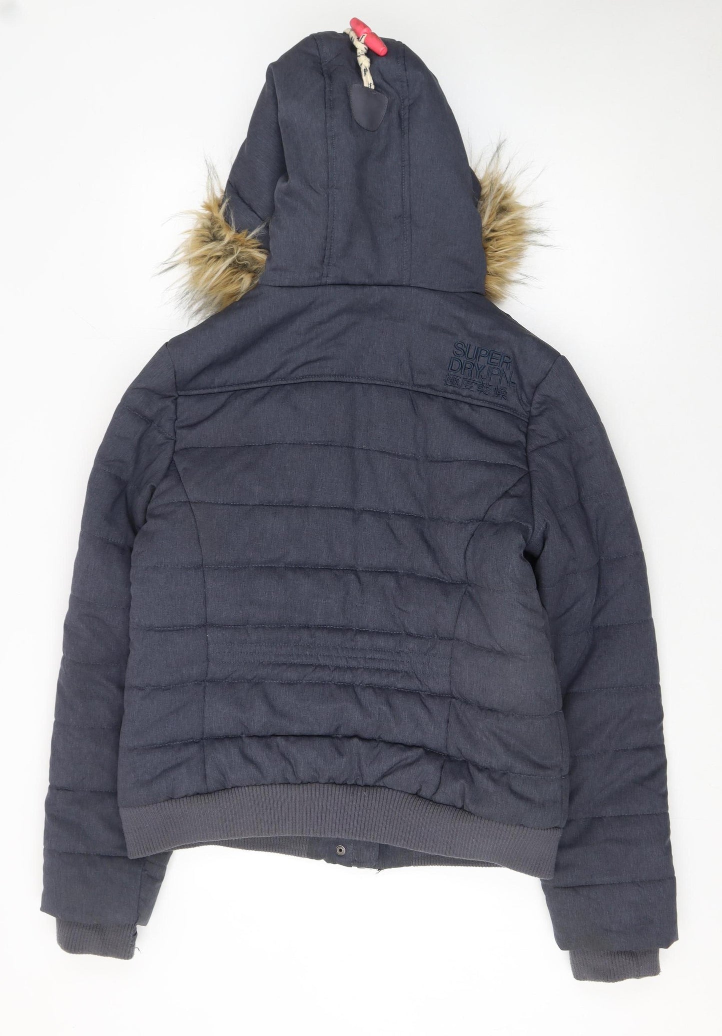 Superdry Sport Womens Navy Hooded Toggle Puffer Jacket L Faux Fur Trim