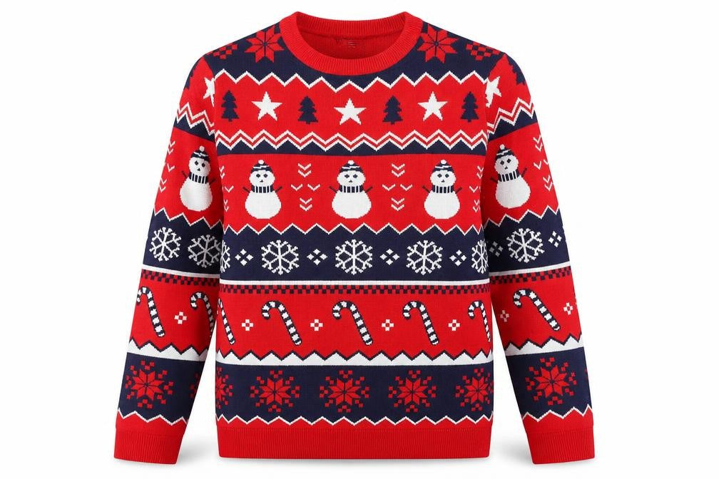 Front view of ESMARA Men Red Christmas Knit Jumper Snowman Pattern, size M