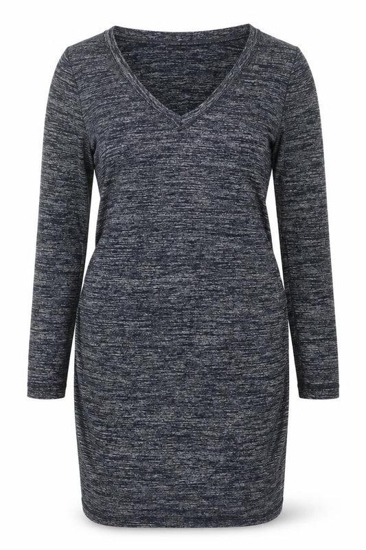 Front view of H&M Women Grey Bodycon Knit V-Neck Long Sleeve Dress, size 12