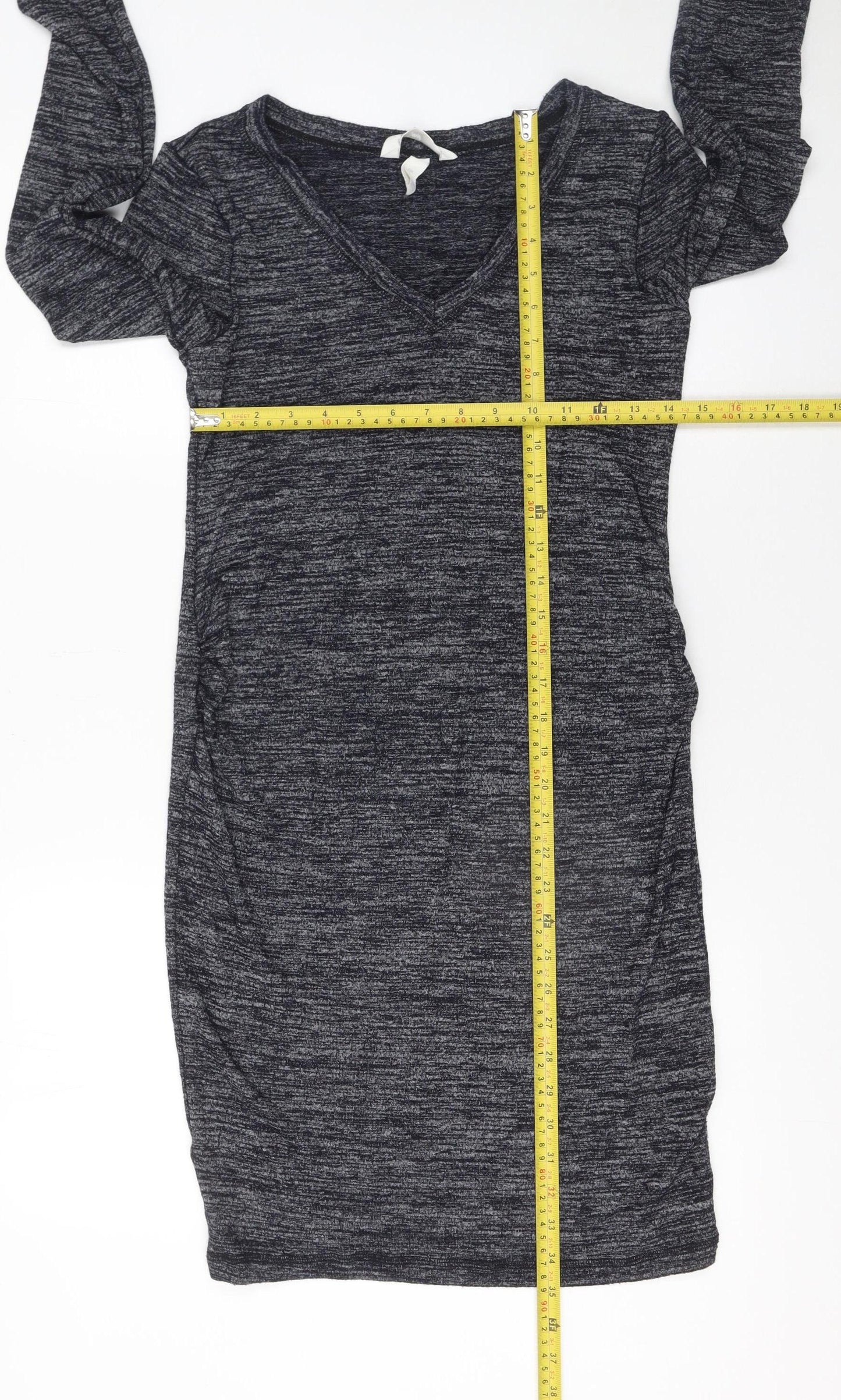 H&M Women Grey Bodycon Knit V-Neck Long Sleeve Dress Size 12
