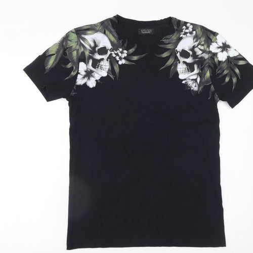 Zara Man Black Skull Floral Graphic Cotton T-Shirt Men's Size S