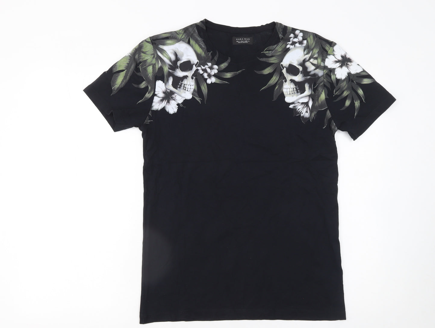 Zara Man Black Skull Floral Graphic Cotton T-Shirt Men's Size S