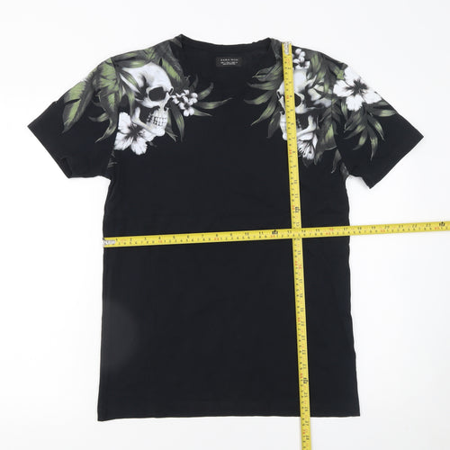 Zara Man Black Skull Floral Graphic Cotton T-Shirt Men's Size S