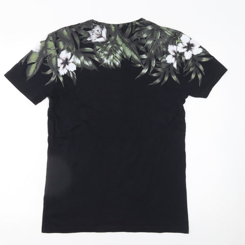 Zara Man Black Skull Floral Graphic Cotton T-Shirt Men's Size S
