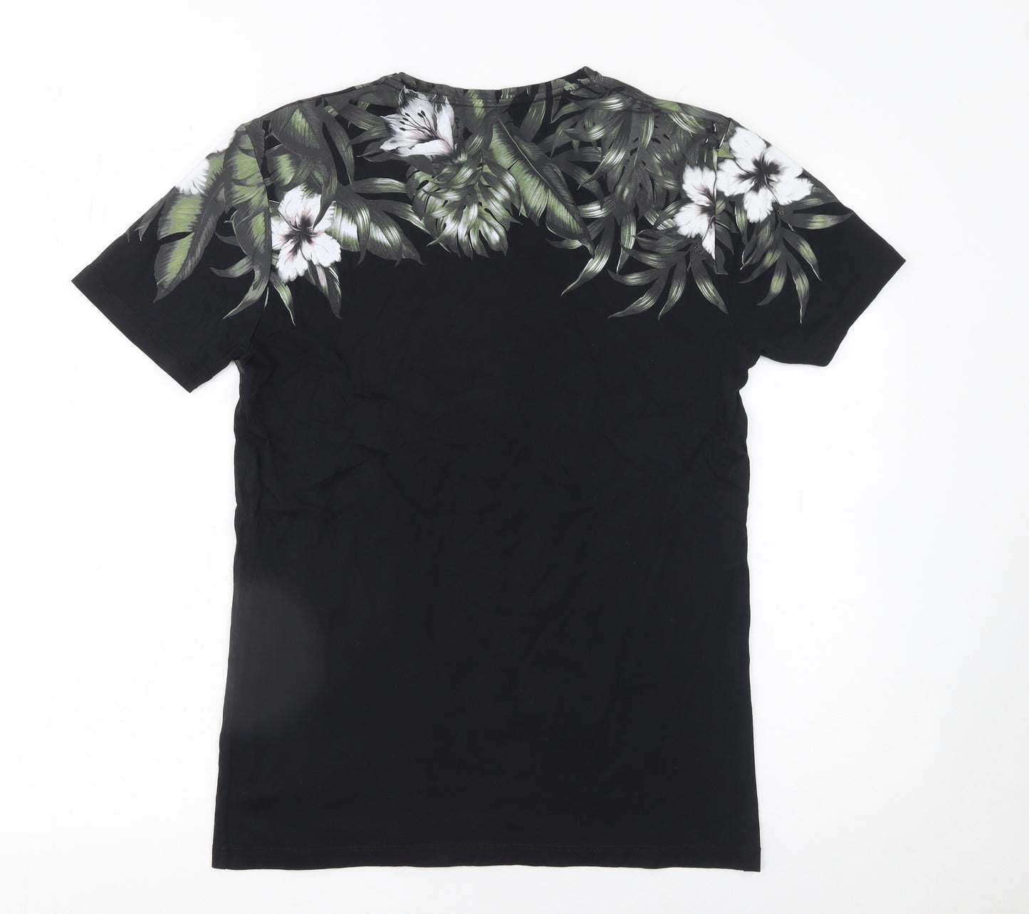 Zara Man Black Skull Floral Graphic Cotton T-Shirt Men's Size S