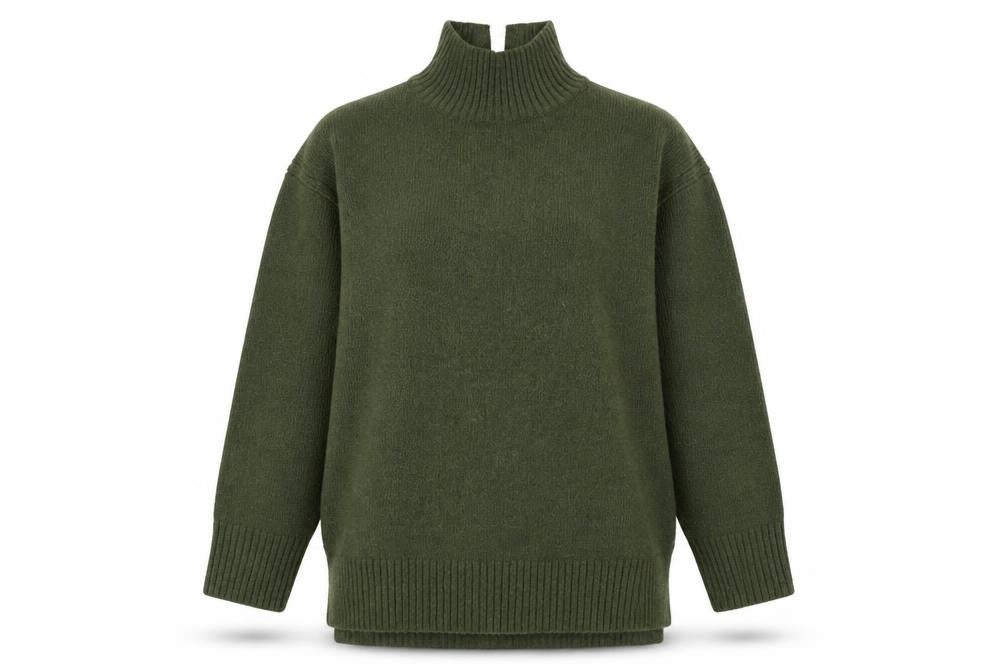 Front view of H&M women’s green high neck jumper, size UK 12
