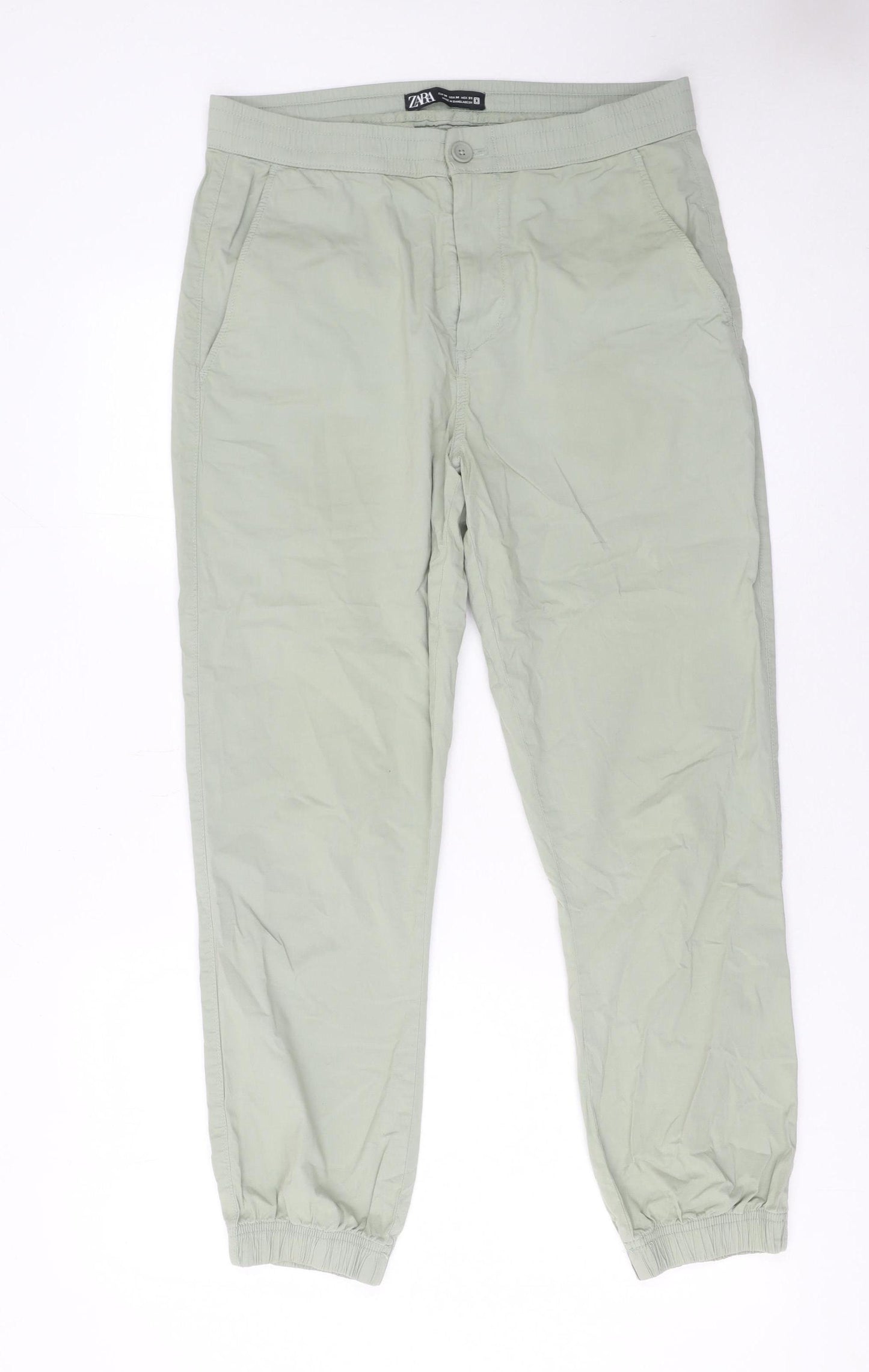 Zara Women Green Jogger Trousers Size M Elastic Waist Cotton Blend